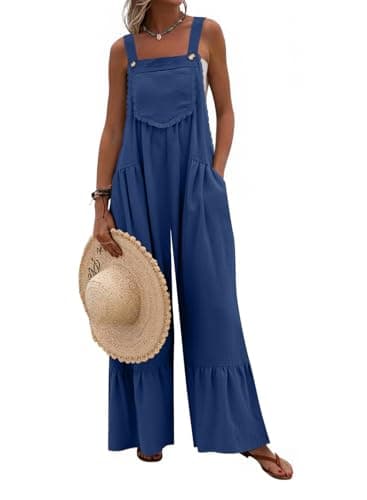Dokotoo Women's Lace Casual Overalls Summer Jumpsuit Loose Baggy Wide Leg Ruffle Pants Rompers with Pockets,Navy Blue XX-Large - Image 1