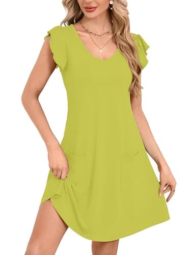 DEARCASE Womens Summer T-Shirt Dresses V Neck Elegant Classy Ruffle Sleeve A-line Tunic Dress 2026 with Pockets Avocado Green Small - Image 1