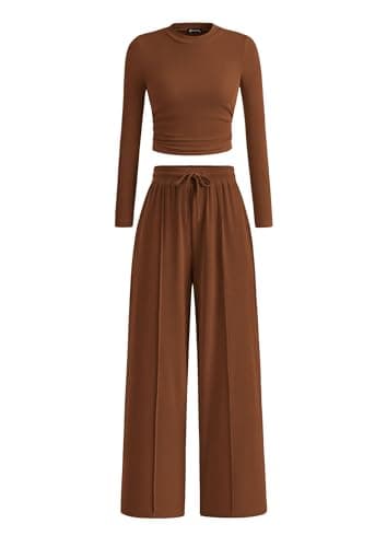 PRETTYGARDEN Women's 2 Piece Sets 2026 Fall Long Sleeve Crop Tops Wide Leg Pants Matching Outfit Tracksuits Spring Clothes (Brown,Large) - Image 1