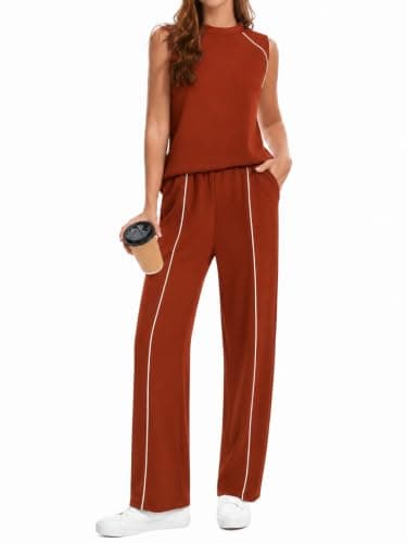 imbpceu Two Piece Lounge Sets for Women Sleeveless Crew Neck Tops with Wide Leg Pants Casual Summer Vacation outfits Brown M - Image 1