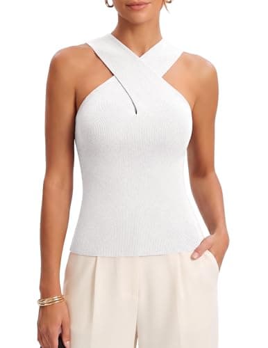 DRESSTELLS White Halter Tops for Women Criss Cross Sleeveless Tank Top Ribbed Knit Sweater Vest Slim Fit Sparkly Casual Summer Blouse M - Image 1