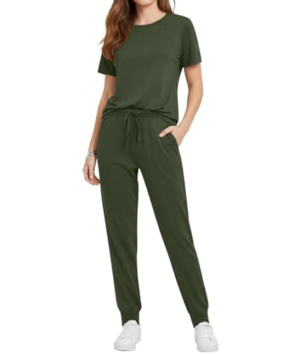 YSYOKOW Two Piece Sets for Women Summer Matching Lounge Set Short Sleeve Top Jogger Pants with Pockets Casual Outfits - Army Green, X-Large - Image 1