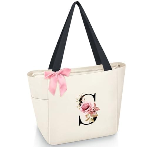 Vavabox Tote Bag, A-Z Initial Monogrammed Waterproof Tote Bag, Bridesmaid Gifts for Women, Black and Pink (S, Beige) - Image 1