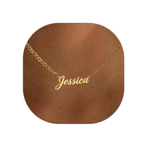 Elemtansy Custom Name Necklace for Women, 18K Gold Plated Handmade Necklace Customized for Best Friend Sister, Personalized Christmas Birthday Jewelry Gifts for Women Mom (Figaro Chain)