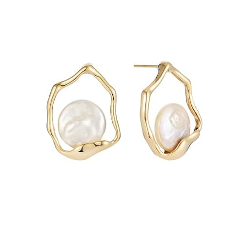 Sylph 925 Sterling Silver Pearl Stud Earrings for Women, 14K Gold Plated Freshwater Cultured Pearl Drop Earrings Hypoallergenic Wedding Bride - Image 1
