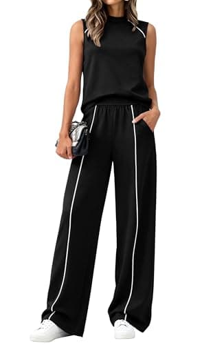 BTFBM Two Piece Sets for Women Summer Outfits 2026 Lounge Sets Mock Neck Tops Wide Leg Pants Travel Fashion Clothing(Black, X-Large) - Image 1