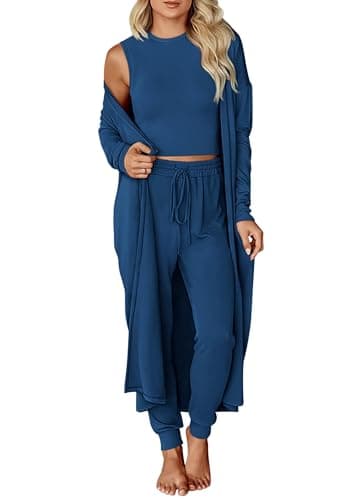 KIRUNDO 3 Piece Lounge Sets for Women Airport Travel Vacation Outfits 2026 Fall Cardigan Matching Sleeveless Top Jogger Pants(Dark Blue, Medium) - Image 1
