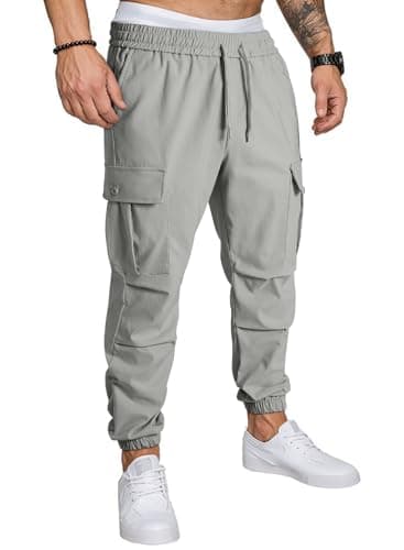 JMIERR Men's Blue Cargo Pants Stretchy Elastic Waist Drawstring Joggers Pants Casual Cargo Pants 2024 Tapered Sweatpants with Multi Pocket,US 40(2XL),Light Grey