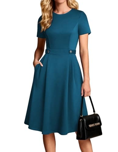 GRACE KARIN Summer Church Dresses for Women 2026 Short Sleeve A Line Work Dresses Fit and Flare Midi Dress with Pockets Blue Green XL - Image 1