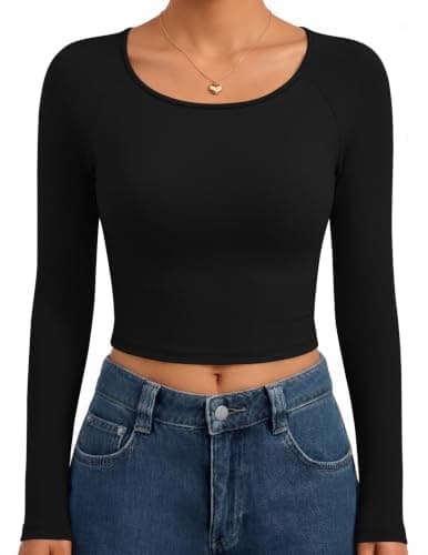 Ekouaer Womens Long Sleeve Tops Scoop Neck Crop Shirts Basic Tight Undershirts Raglan Clothes Black XS - Image 1