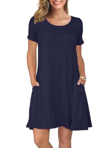 KORSIS Summer Dresses for Women Navy Blue X-Large Casual T Shirt Dress Short Sleeve Swing Flowy Ladies Valentines Vacation Sundress with Pockets - Image 1