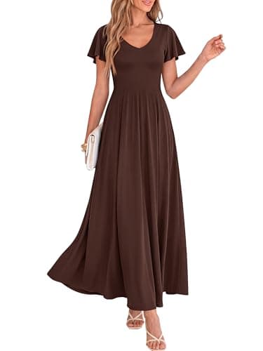 BTFBM Formal Dresses for Women Summer Outfits V Neck Ruffle Sleeve A Line Maxi Elegant Cocktail Wedding Guest Dress 2026(Brown, Small) - Image 1