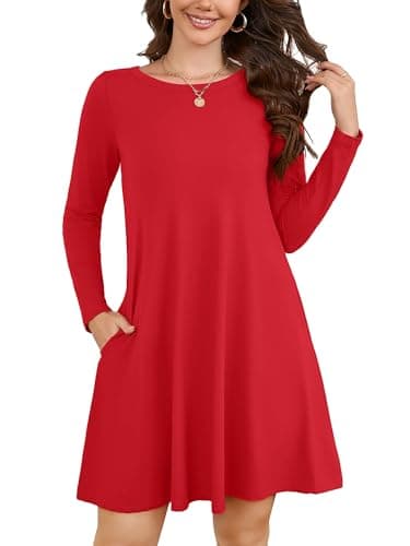 KORSIS Women Long Sleeve Tops T-Shirt Dress Round Neck Casual A-Line Loose Vocation Fall Winter Dress Whith Pockets Red M - Image 1