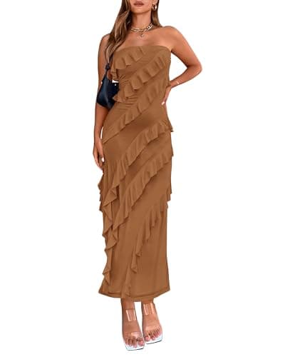BTFBM Women Summer Elegant Strapless Midi Ruched Bodycon Dress Solid Color Stretch Mesh Slim Party Cocktail Dresses(Light Brown,Medium) - Image 1