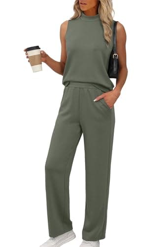 XIEERDUO Matching Sets Women Clothing Summer Outfits Two Piece Beach Vacation Clothes Luxury Fashion Mock Neck Loungewear Set Airport Travel Olive Green L - Image 1