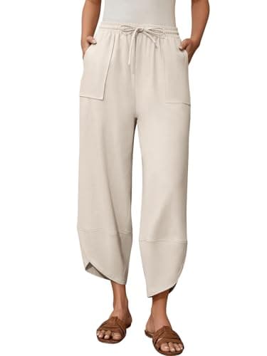 grewley Wide Leg Capri Pants for Women Barrel Baggy Drawstring Elastic Waist Trousers with Pockets Beach Apricot M - Image 1