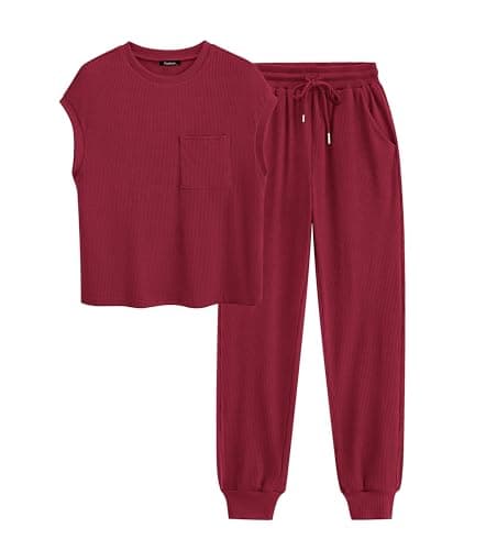 BTFBM Women's Two Piece Tracksuit Outfits Summer Short Sleeve Tops Long Pants Jogger Lounge Matching Sets Sweatsuit(Wine Red,Large) - Image 1