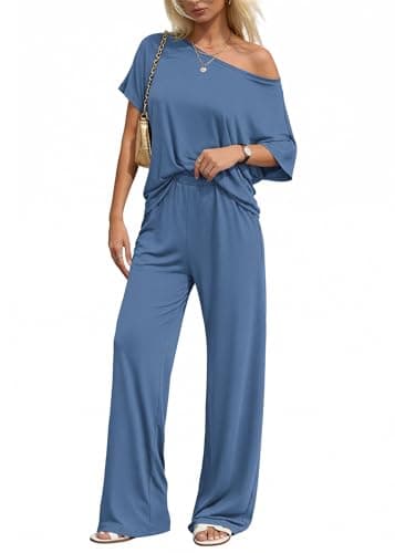 KIRUNDO Lounge Sets for Women Airport Travel Outfit 2026 Summer Off the Shoulder Tops Wide Leg Pants 2 Piece Matching Set(Blue, XX-Large) - Image 1