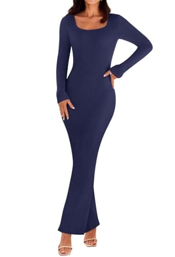 MEROKEETY Women's 2025 Fall Long Sleeve Bodycon Sweater Dress Square Neck Ribbed Knit Party Maxi Dresses, Navy, Small - Image 1
