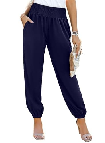Dokotoo Womens Wide Leg Palazzo Pants 2025 Summer Casual Loose High Waisted Lounge Flowy Cropped Beach Work Trousers Navy Blue - Image 1