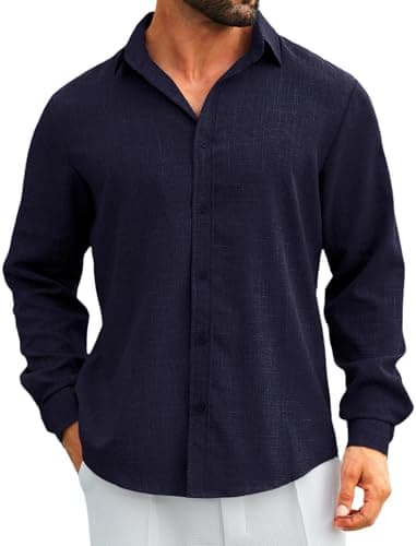 MAPICK Men's Casual Linen Dress Shirts Button Down Long Sleeve Vacation Cruise Shirt Fall Rayon Shirts(Navy Blue,Medium) - Image 1