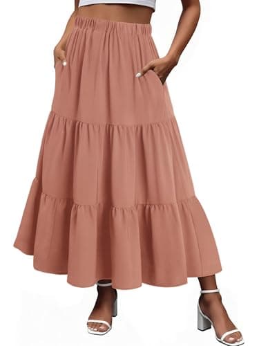 Magritta Women's Summer Solid Color Tiered Maxi Skirt High Waisted A Line Flowy Long Cute Skirt with Pockets Pink XX-Large - Image 1