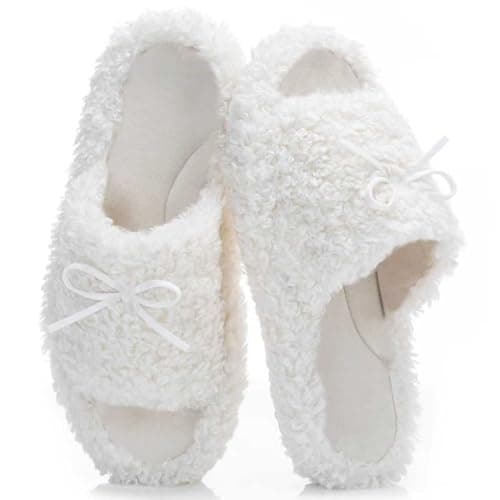 BOVTY Women's Fuzzy Open-toe Bowknot & Double-Strap Slippers, Memory Foam Non-Slip Indoor House Slides - Image 1