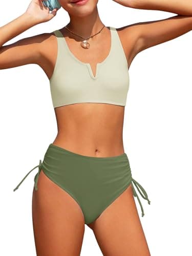 AMAWMW Girl's 2 Piece Swimsuit Solid Spaghetti Strap Bikini Sets V-Neck Cutout Bathing Suit Swimwear with Chest Pad, Green, 9-10 Years - Image 1