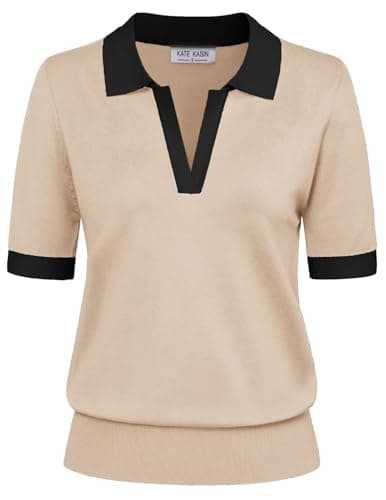 Kate Kasin Short Sleeve Sweaters for Women, Summer V Neck Knit Tops, Business Casual Polo Shirts Light Apricot Black - Image 1