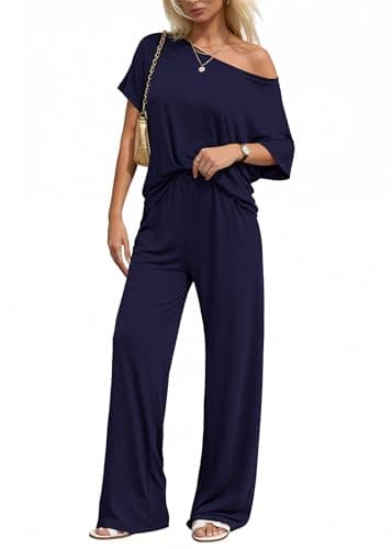 KIRUNDO Lounge Sets for Women Airport Travel Outfit 2026 Summer Off the Shoulder Tops Wide Leg Pants 2 Piece Matching Set(Navy, Small) - Image 1