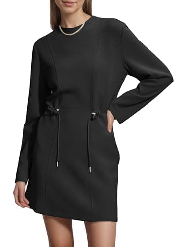 COCOMARTS Womens Long Sleeve Crewneck Sweatshirt Dress Drawstring Waistband Casual Tunic Tops Mini Dresses 2025 Fall Clothes Black Large - Image 1