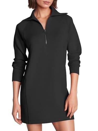 COCOMARTS Womens Long Sleeve Sweatshirt Dress Crewneck Quarter Zip Mini Dresses with Pocket 2025 Fall Winter Fashion Clothes Black Small