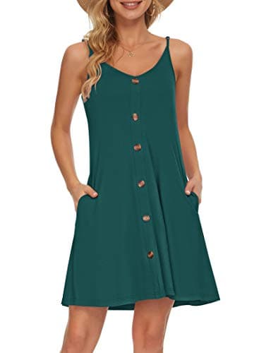 WNEEDU Women's Summer Spaghetti Strap Button Down V Neck Casual Beach Cover Up Dress with Pockets,Dark Green S - Image 1