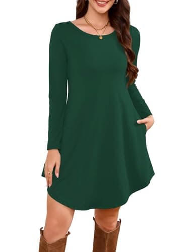 DEARCASE Women's Long Sleeve T Shirt Dress Dark Green Small Crewneck Knee Length Loose Casual Flowy Swing Tunic Dresses with Pockets - Image 1