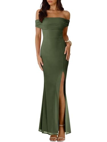 Caracilia Women’s Off Shoulder Maxi Wedding Guest Dress Summer Bodycon High Split Mesh Formal Cocktail Evening Party Dresses Army Green Small - Image 1