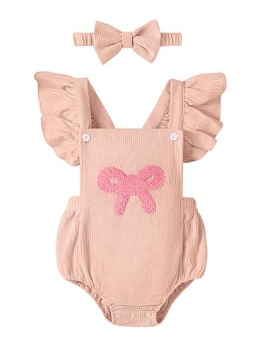 GEMLON Baby Girl Outfits Ruffled Sleeveless Pink Bow Embroidery Newborn Romper with Headband 0-3 Months Baby Girl Clothes - Image 1