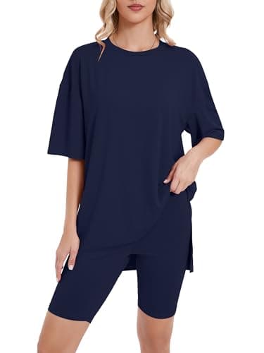 Heymoments Womens Two Piece Sets Navy Blue X-Large Oversized T-Shirt and Biker Shorts Pajama Set Soft Summer Pajamas Set Breathable Sleepwear Comfy Nightwear Womens Pjs Set - Image 1