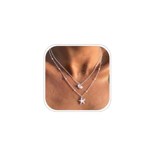 Silver Plated Layered Shell Starfish Necklace for Women, 2-in-1 Detachable Beach Pearl Pendant Choker Set, Waterproof Hypoallergenic Summer Ocean Jewelry Vacation Gift - Image 1