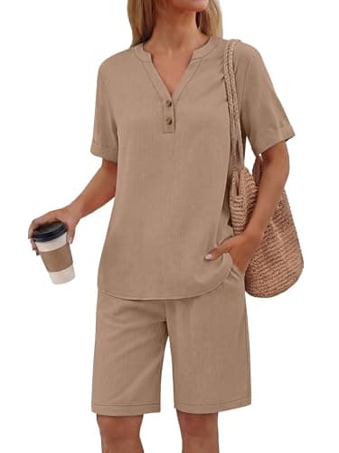 ANRABESS Women 2 Piece Linen Lounge Sets Summer Casual Henley Shirts Short Pajama Set Beach Vacation Clothes Airport Outfits Khaki Medium - Image 1