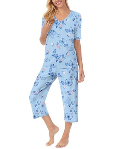 QCIV Ladies PJS Sets V Neck Top and Capri Pants with Pockets Sleepwear Set Two Piece PJS, Blue Butterfly, 3X-Large - Image 1