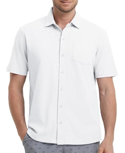 M MAELREG Mens Short Sleeve Button Down Shirt Pique Performence Business Cotton Blend Casual Fitted Shirt for Men White - Image 1