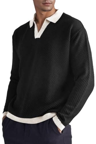 BAYAMO Mens Polo Sweater V Neck Long Sleeve Pullover Sweater Casual Knit Textured Sweater Black 3XL - Image 1