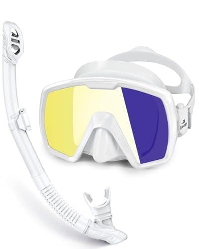 Freela Adult Dry Snorkel Set, Snorkel Mask with Mirrored Gold Lens & White Silicone, Tempered Glass 180° View, Anti Fog No Leak Snorkeling Gear for Men Women Youth with Nose Cover for Swimming Diving