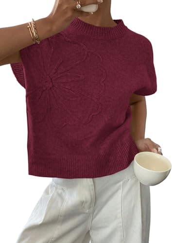 PRETTYGARDEN Women's 2026 Spring Sweater Vest Trendy Flower Knit Short Sleeve Cute Pullover Tank Tops Summer Fashion Clothing (Burgundy,Large) - Image 1