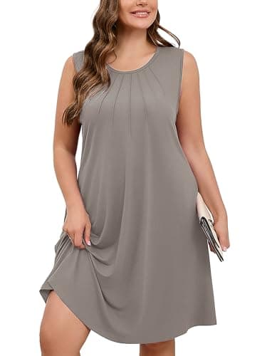AusLook Plus Size Midi Dress for Women Sleeveless Casual Summer Gray 1X Tank Dress with Pockets Round Neck A-Line Swing Flowy Solid Color Travel Vacation Sundress - Image 1