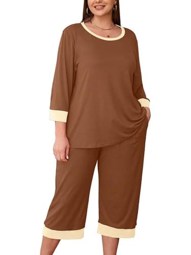 AusLook Women’s Plus Size Pajama Sets Moka Brown 3X Soft 3/4 Sleeve Nightwear Top and Capri Pants Lounge Set with Pockets - Image 1