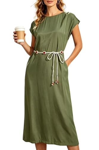 Women's Summer Army Olive Green Casual Cap Sleeve Back Split Shift Elegant Office Rayon Pockets Dress with Decorative Waist Chain Ladies Straight Calf Length Work Business Vocation Holiday Dresses - Image 1