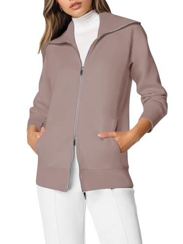 COCOMARTS Womens Crewneck Sweatshirts Zip Up Hoodies Casual Jacket with Pockets 2025 Fall Winter Fahsion Outfits Clothes Light Coffee X-Large - Image 1