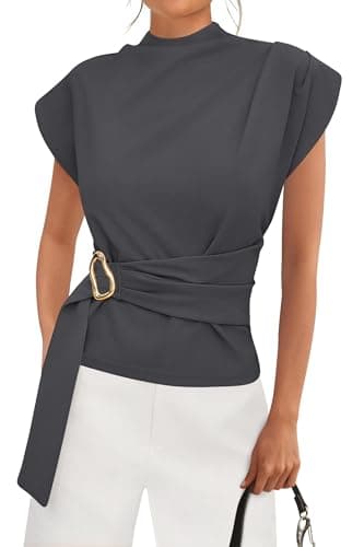 PRETTYGARDEN Women Blouses Spring Dressy Cap Sleeve Mock Neck Work Shirts Buckle Tunic Summer Business Casual Tops 2026(Dark Grey,Large) - Image 1