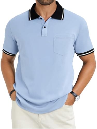 LuxMania Men's Casual Short Sleeve Polo Shirts Classic Button Summer Collared Golf Top T-Shirt with Pocket Light Blue S - Image 1